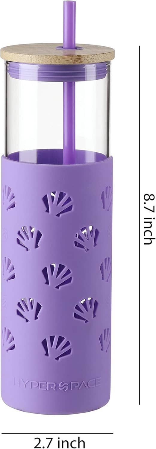 Purple glass tumbler with silicone protective sleeve, bamboo lid, and straight drinking straw