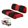 Pair of golf cart seat covers: red center, black sides; includes headrest and seat