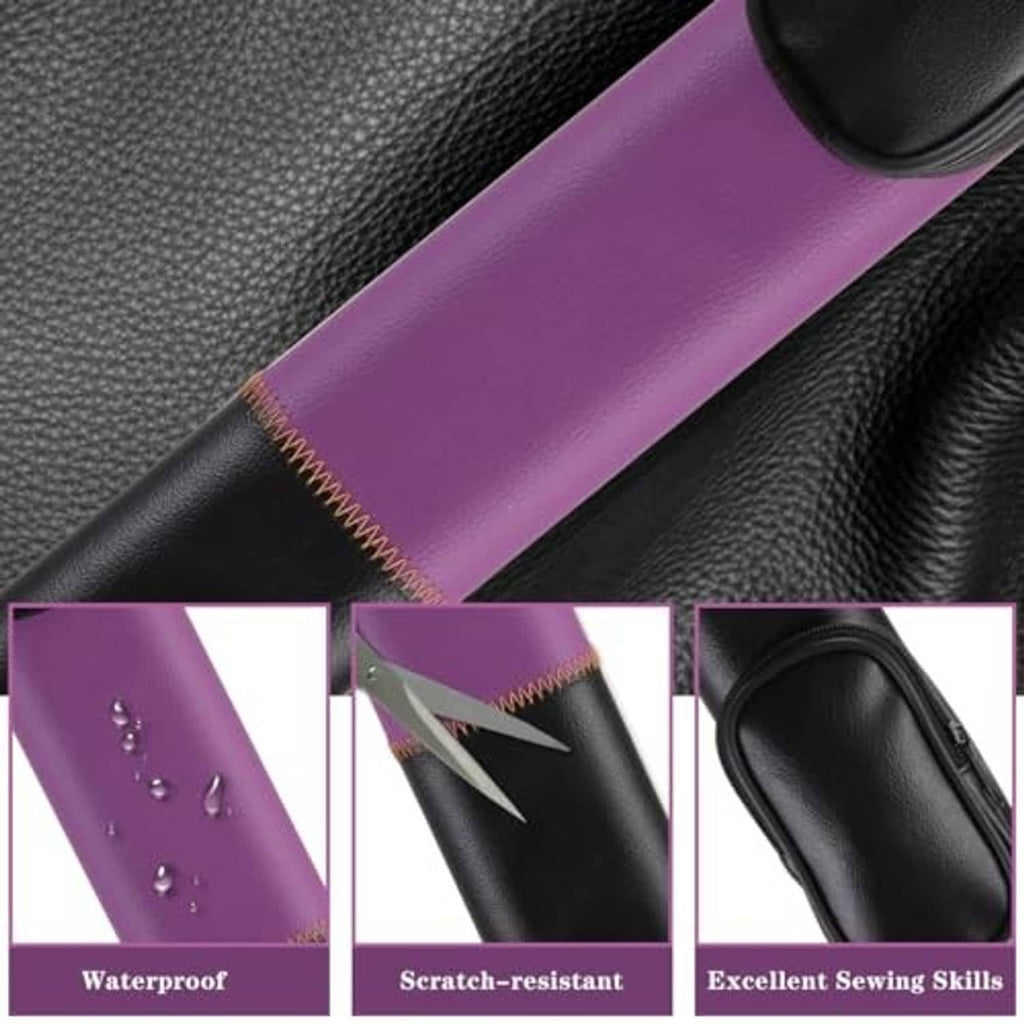 Purple and black cue hard case with stitched seams and protective padded pocket panel