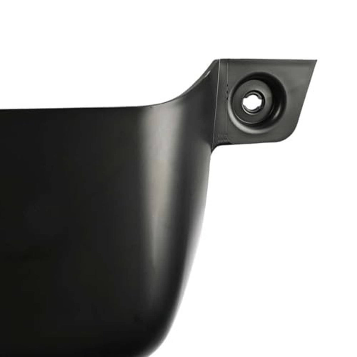 Black trailer hitch cover close-up with round mounting hole on side bracket