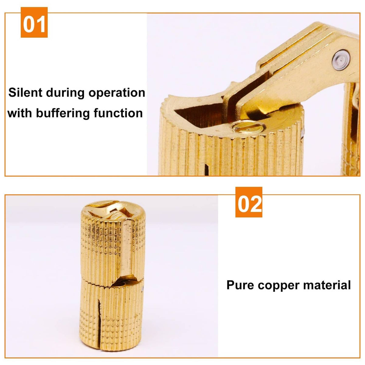 Brass-finish concealed barrel hinge detail, cylindrical barrel with center screw hole
