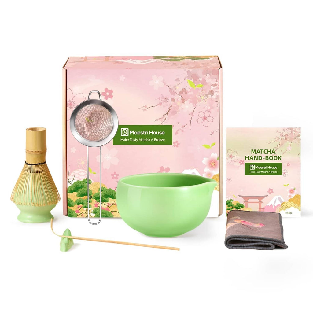 Matcha whisk set with green bowl, strainer, whisk brush, cloth and matcha handbook in box