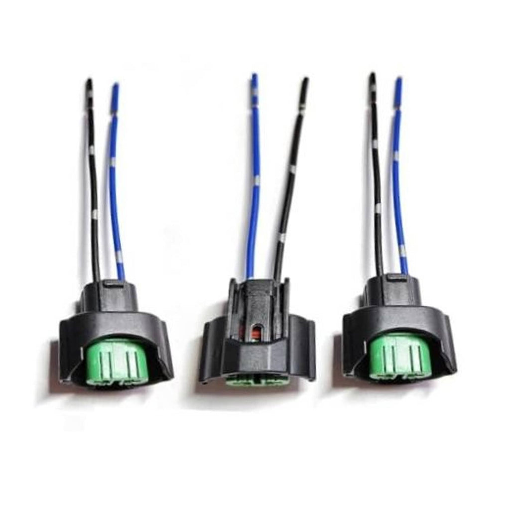3-pack headlight bulb adapter plugs with green terminals, black housing, blue/black wires