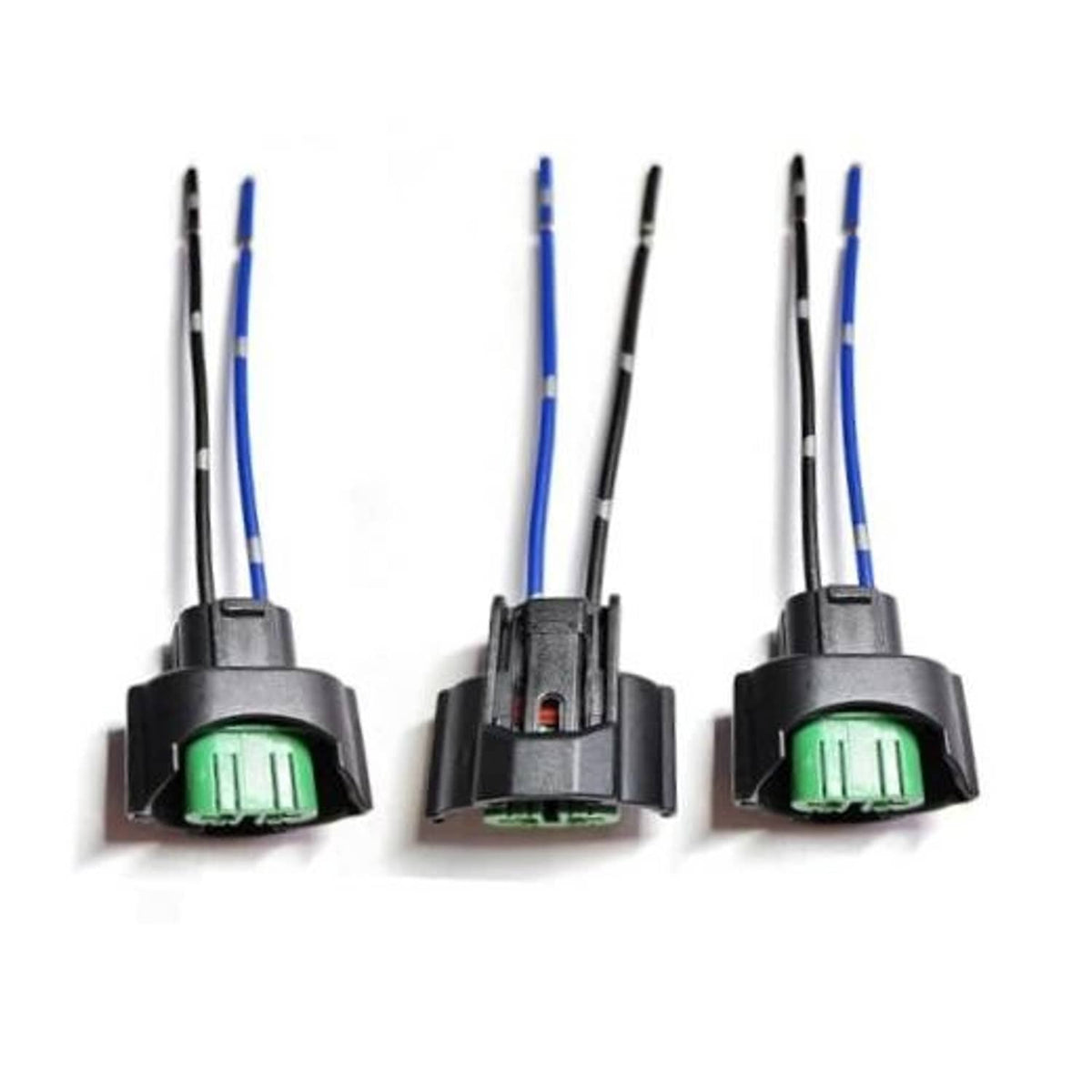3-pack headlight bulb adapter plugs with green terminals, black housing, blue/black wires
