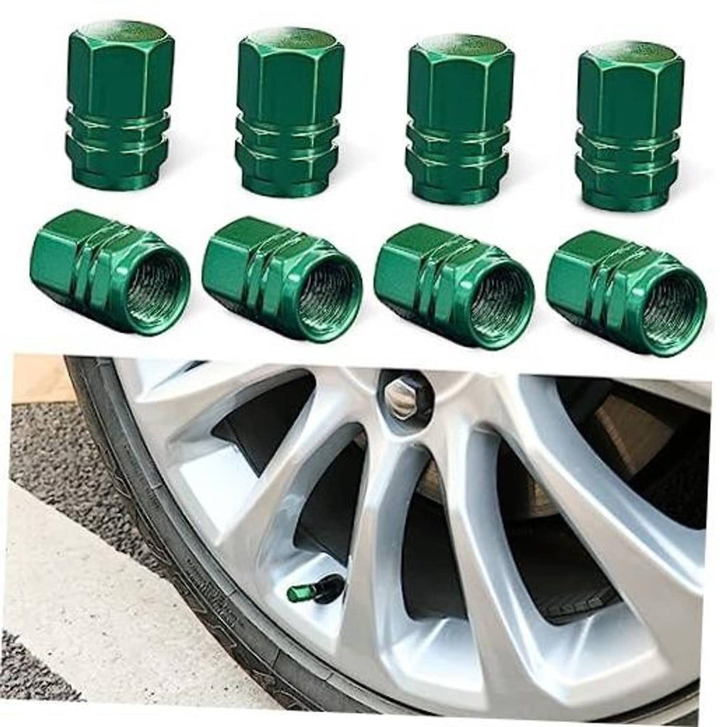Green aluminum car tire valve stem caps, hex design, set of 8 pieces