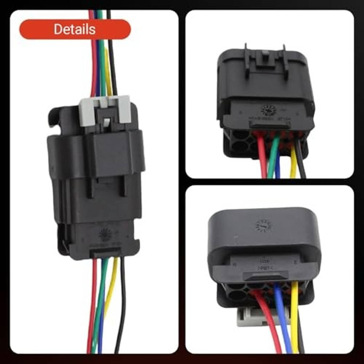 Headlight connector plug harness pigtail, black housings shown from front and side