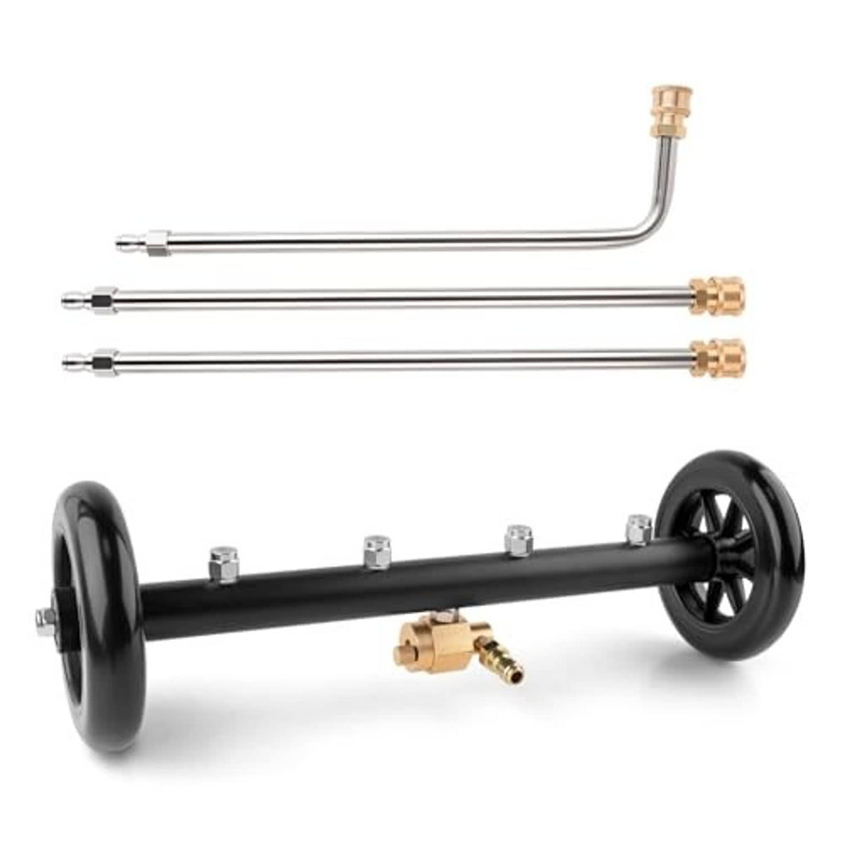 Undercarriage washer sprayer with black axle bar, brass fittings, and three wands