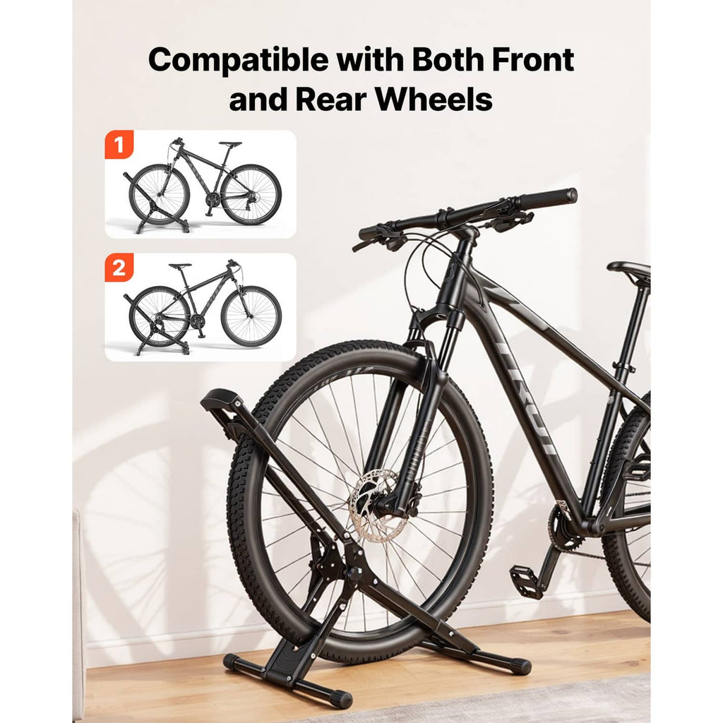 Foldable bike rack stand showing front and rear wheel placement, black base