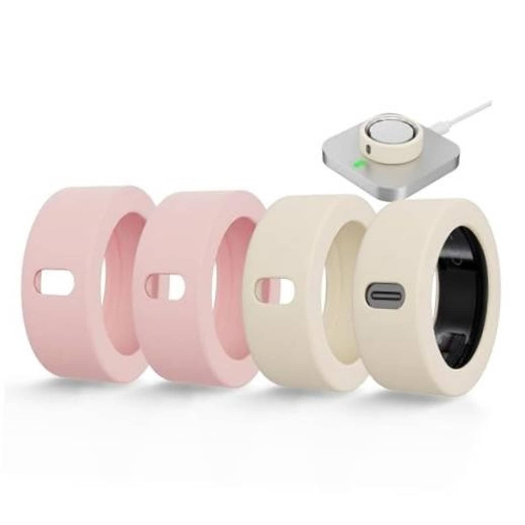 Set of pink and cream white silicone ring covers with oval charging port cutout