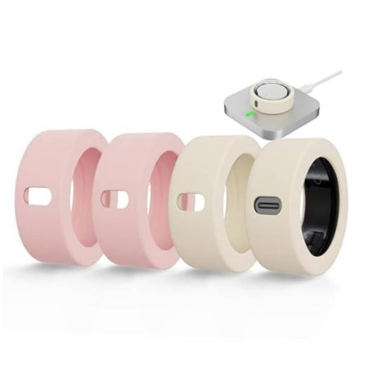 Set of pink and cream white silicone ring covers with oval charging port cutout