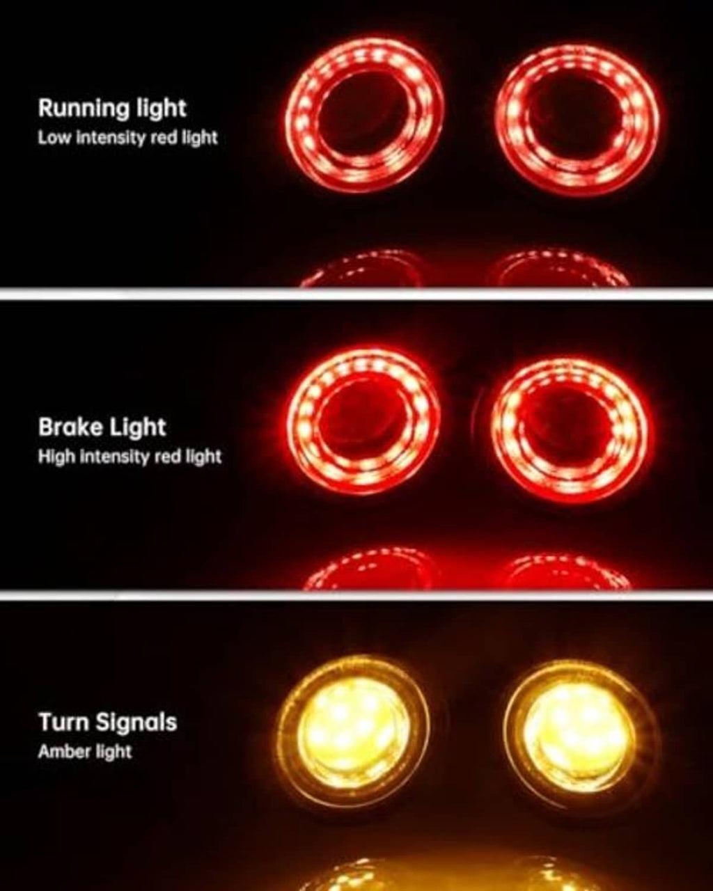 Dual-function LED motorcycle lights showing bright red brake glow and amber turn signal glow