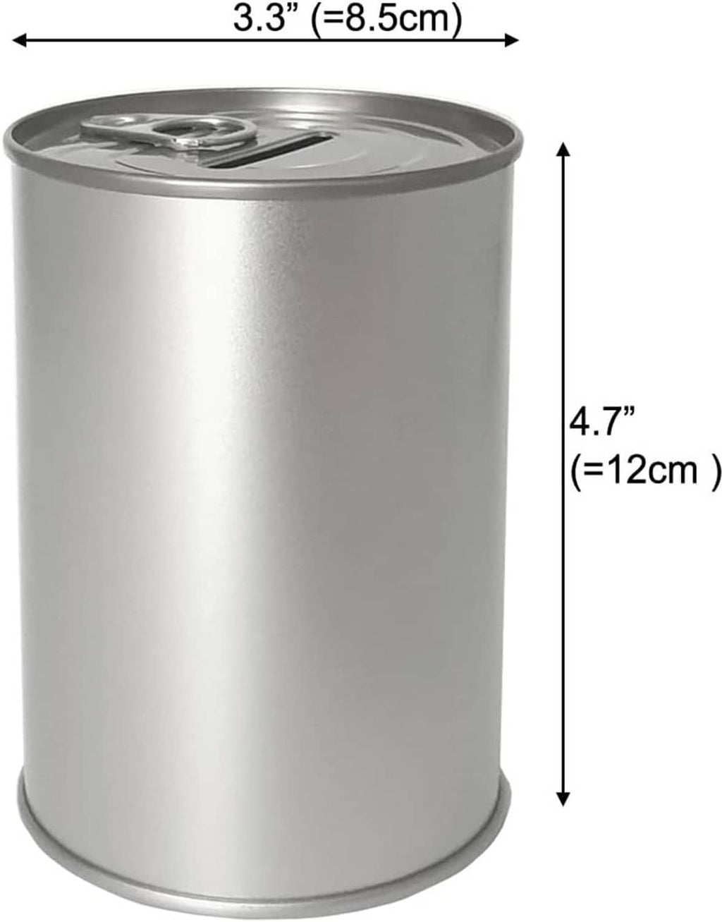 Compact silver metal coin piggy bank, about 4.7 in tall