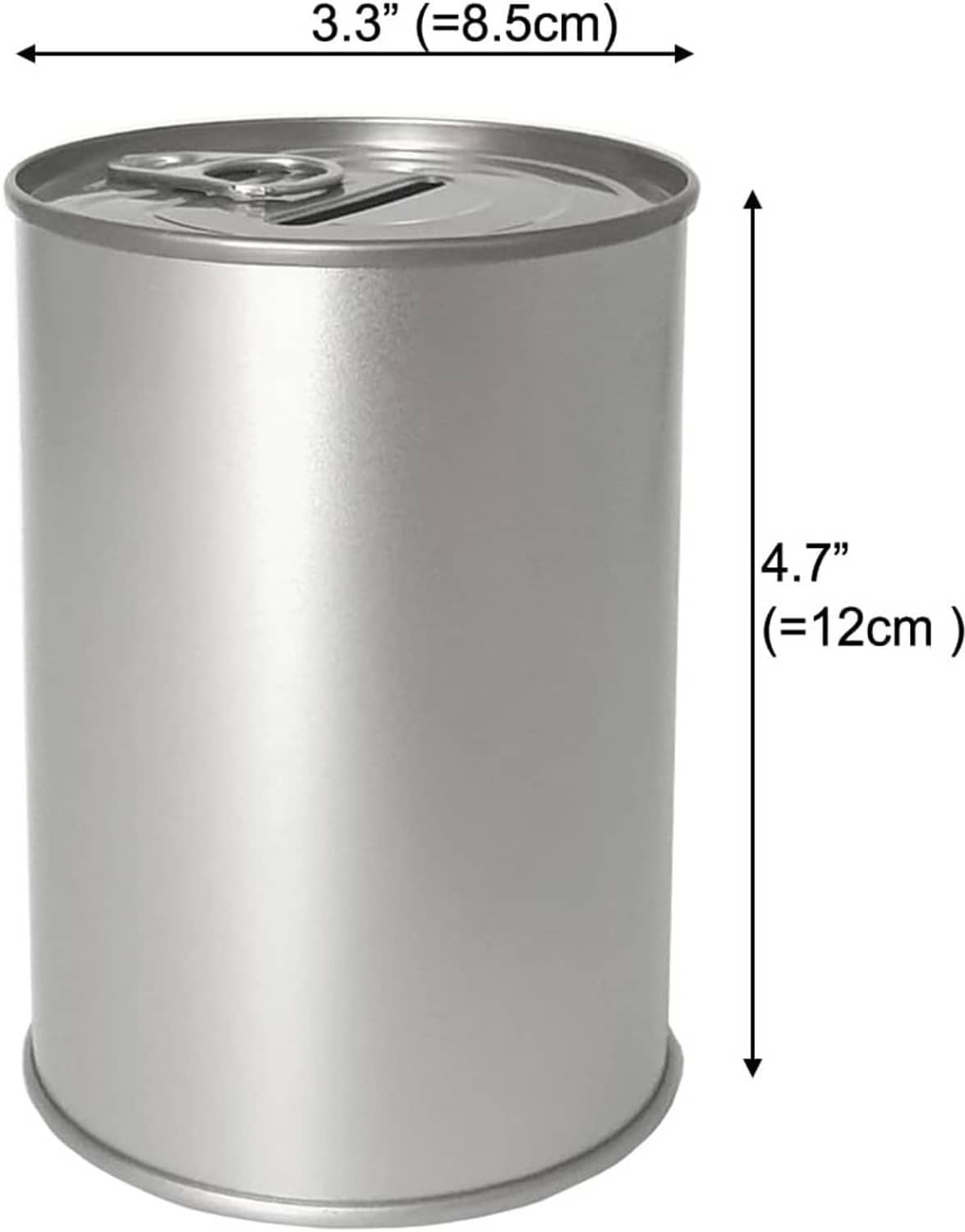 Compact silver metal coin piggy bank, about 4.7 in tall