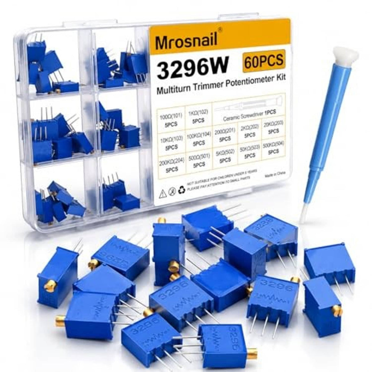 3296W multiturn trimmer potentiometer kit, blue 60-piece set with single spare tool