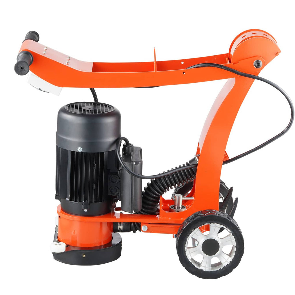 Orange walk-behind grinder polisher with motor housing, guard, and front wheels