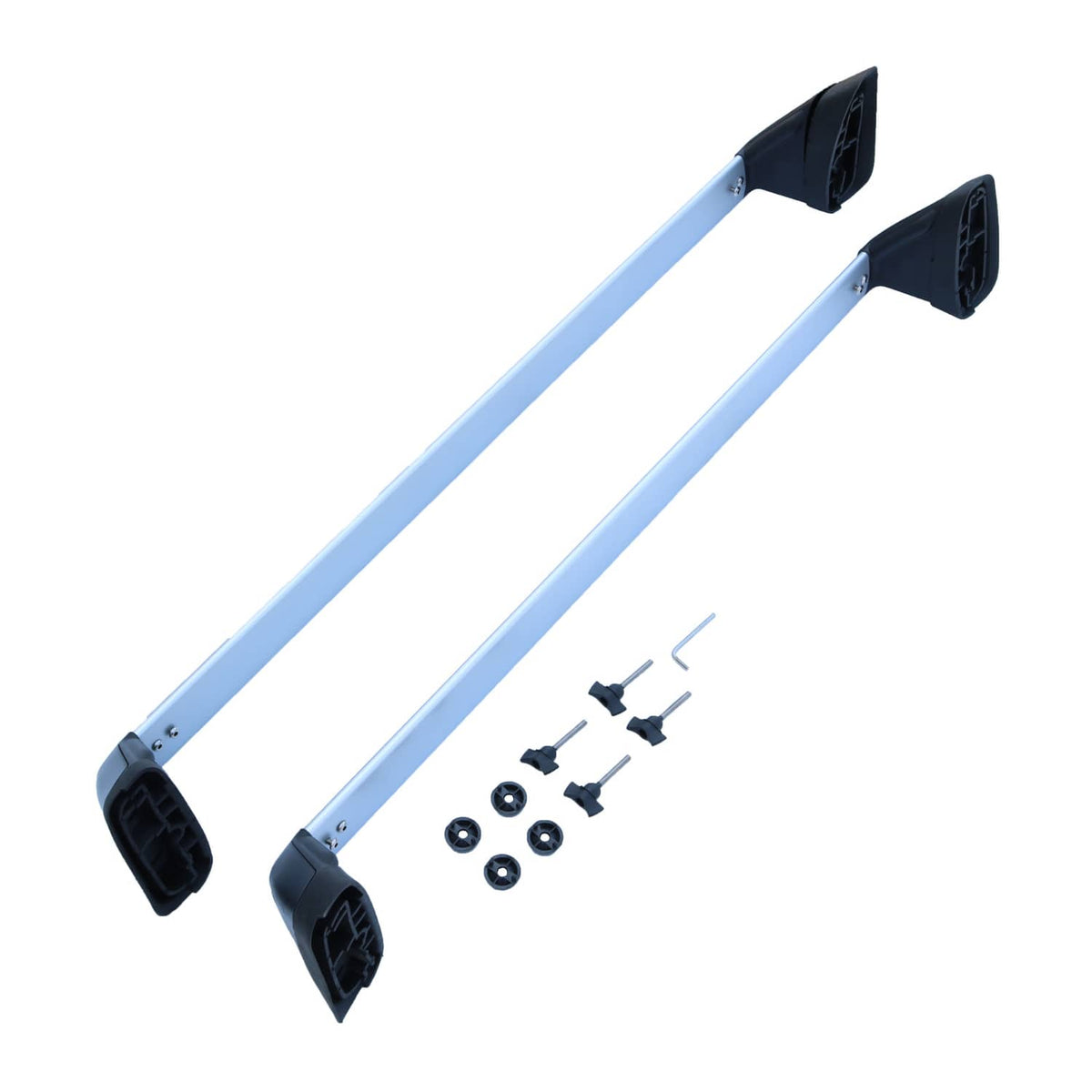 Roof rack cross bars kit with black feet and hardware screws, angled on white
