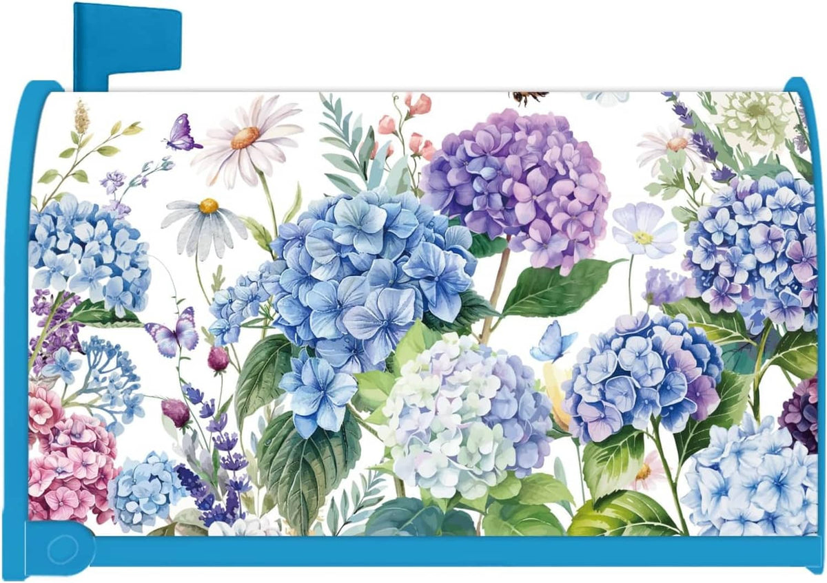 Floral hydrangea mailbox cover with blue frame and colorful front panel