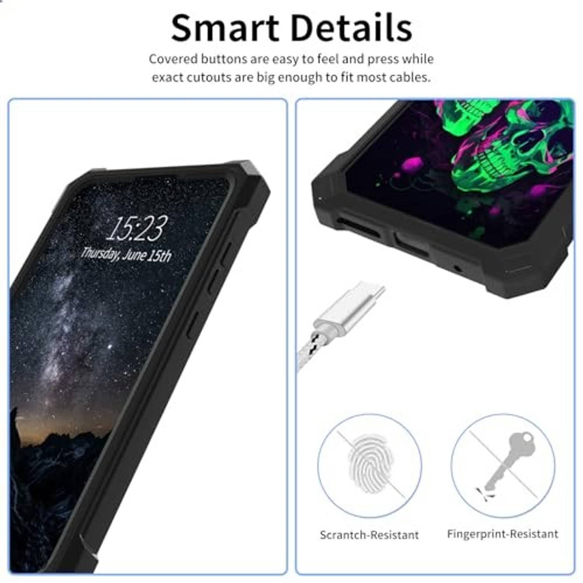 Rugged phone case with tempered-screen protector, dark frame and neon skull art