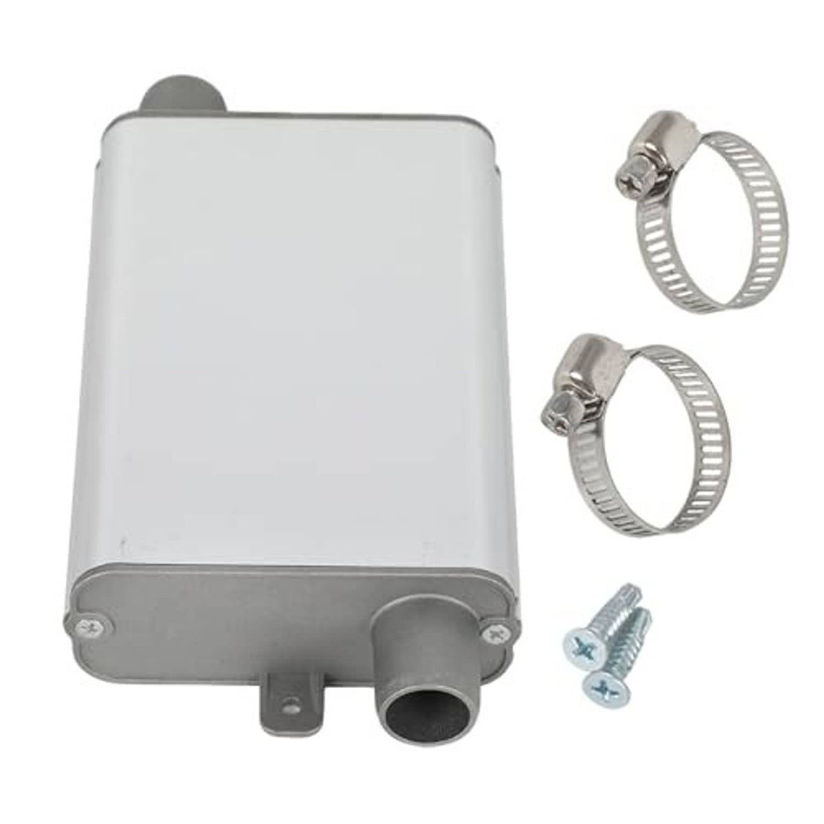 Silver exhaust muffler silencer with outlet pipe, two hose clamps and mounting screws