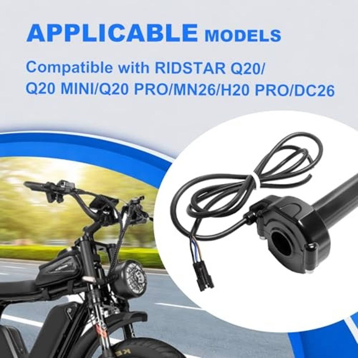 Black twist throttle with key ignition and cable harness on handlebar