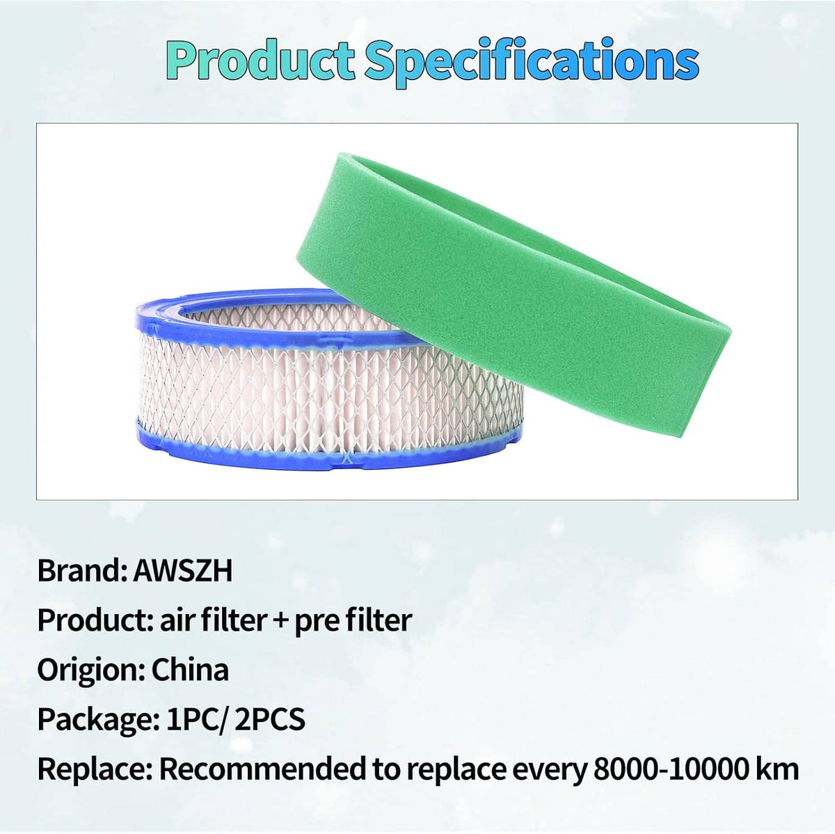 Cylindrical lawn mower air filter with white pleated element and green pre-cleaner sleeve