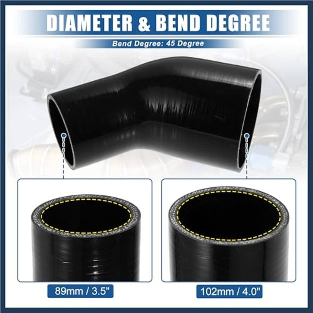 Black 45-degree silicone hose reducer coupler, bend and diameter diagram with two views