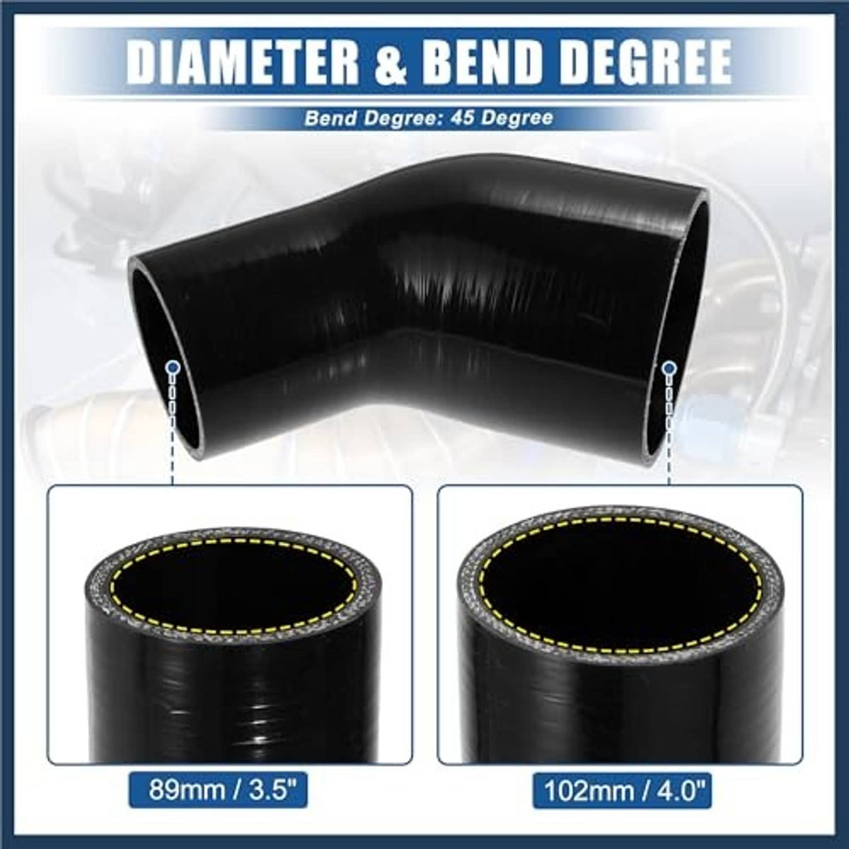 Black 45-degree silicone hose reducer coupler, bend and diameter diagram with two views