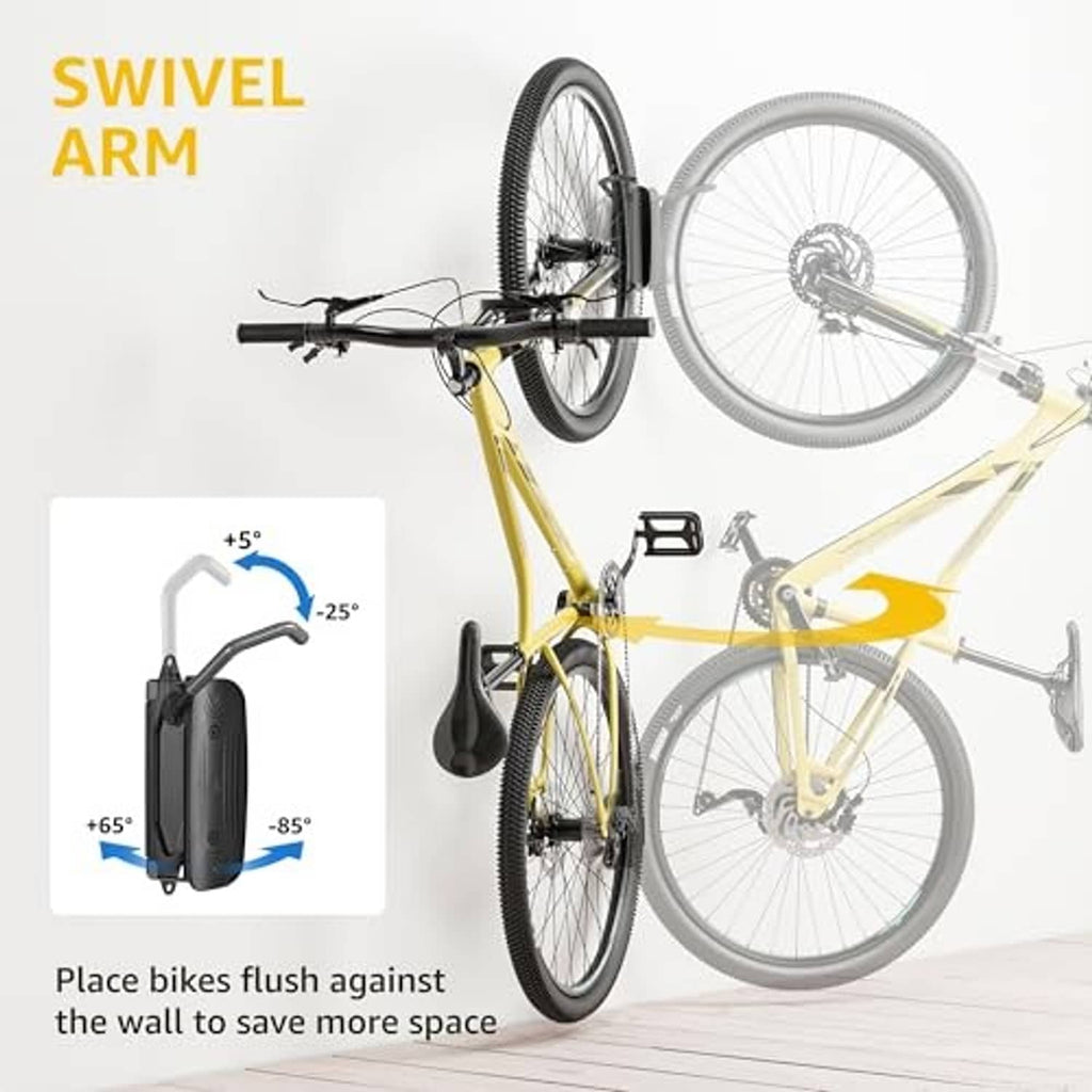 Bike wall mount with swiveling arm and adjustable angle, shown with two bikes