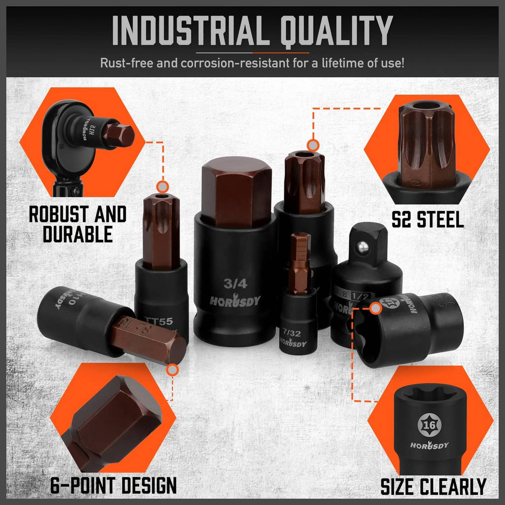 Black S2 steel sockets set with 6-point design in an orange organizer tray