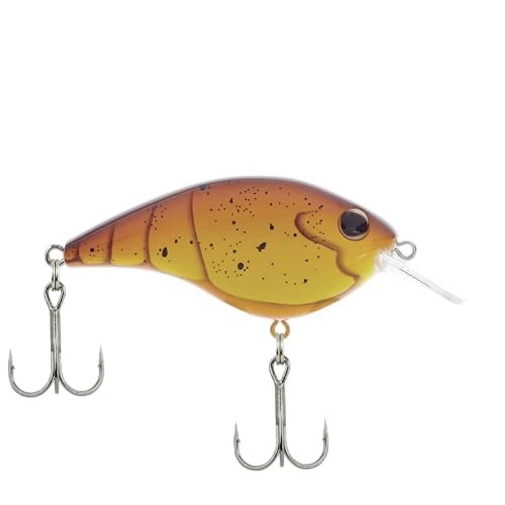 Crankbait lure with gold-and-amber speckled body and silver treble hooks