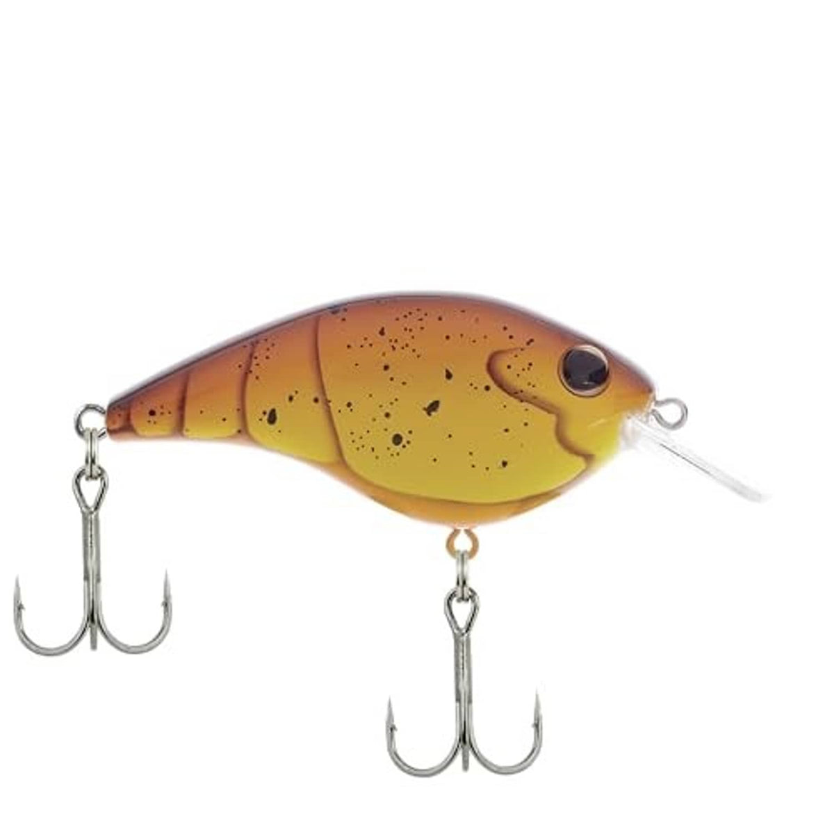 Crankbait lure with gold-and-amber speckled body and silver treble hooks