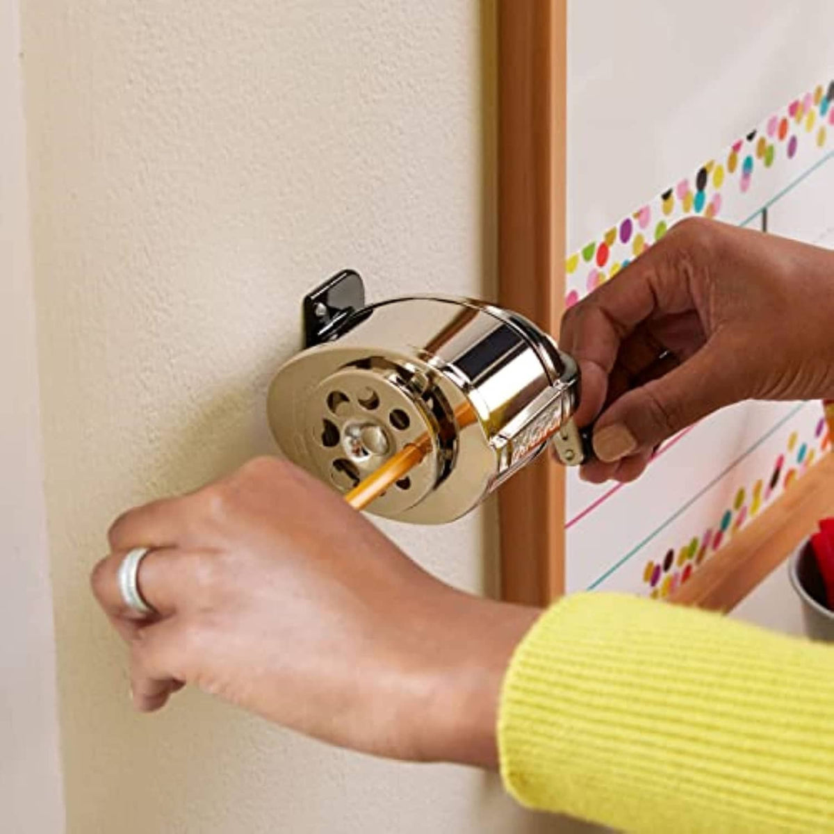 Wall-mounted chrome manual pencil sharpener with hand turning crank, X-ACTO KS