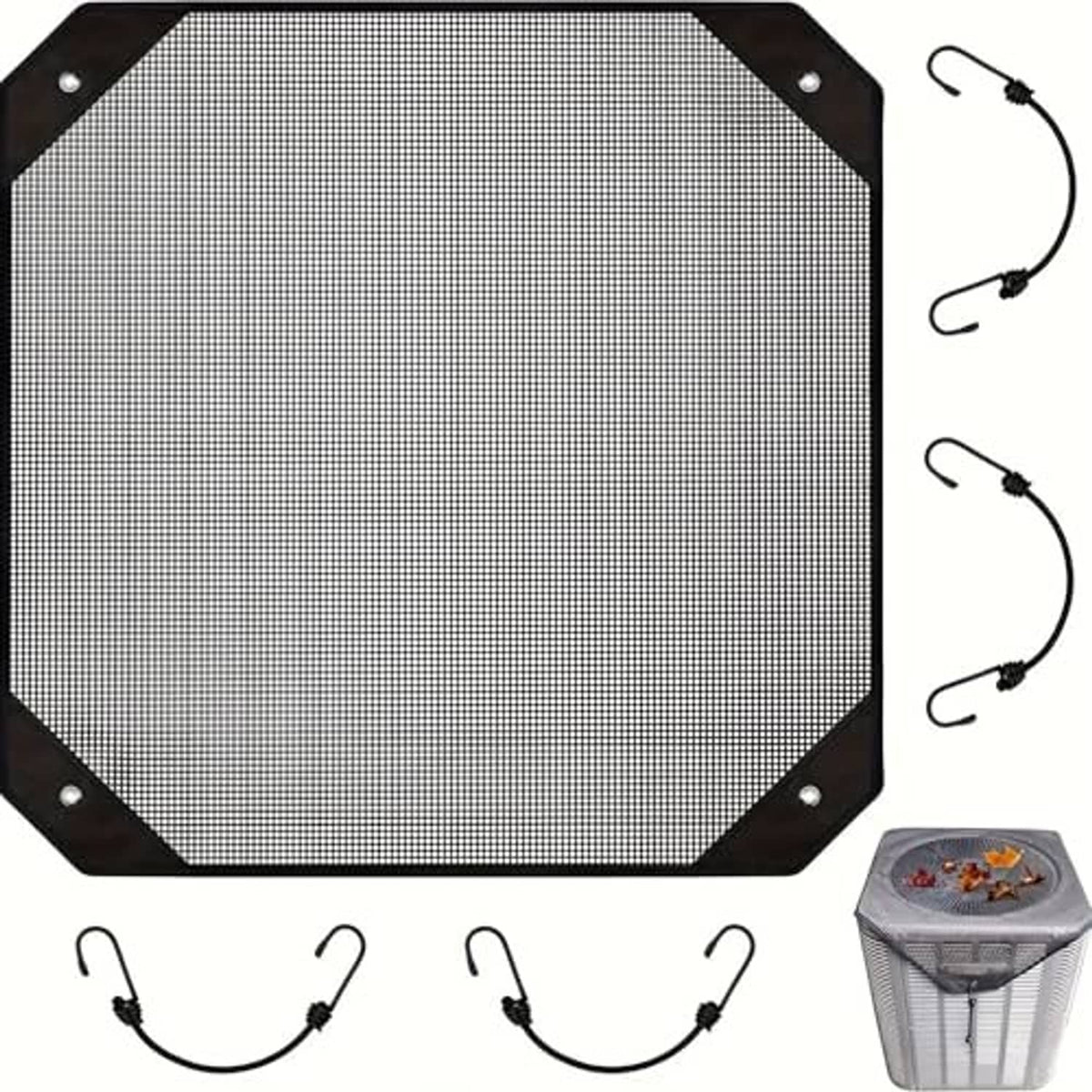 Octagonal mesh AC condenser cover with corner grommets and attached hanging cords