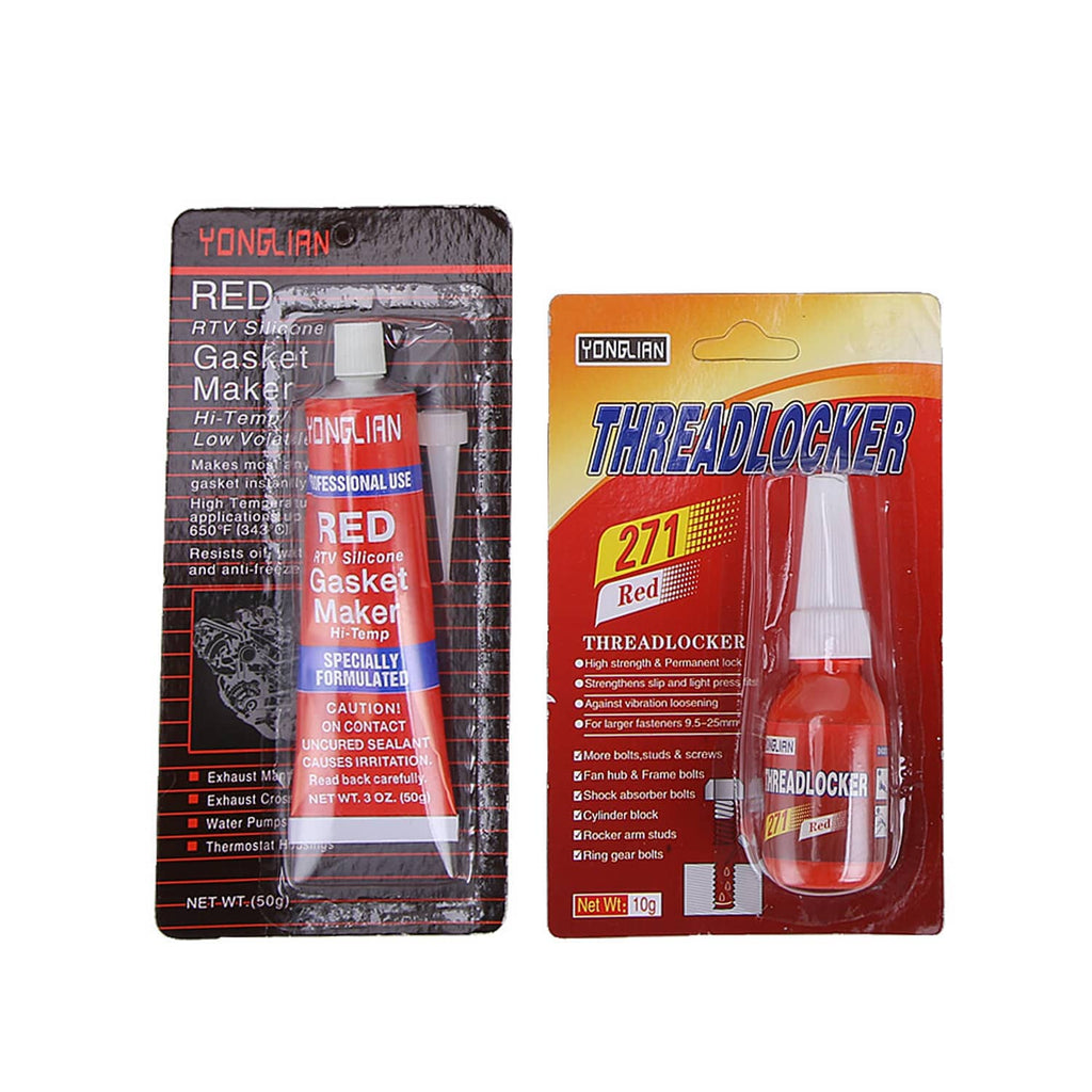 Two red thread sealant and gasket maker bottles for engine rebuilding