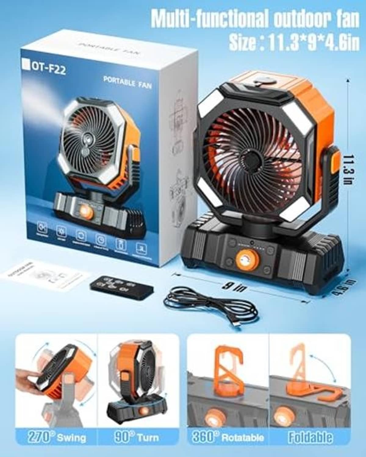 Portable outdoor misting fan in retail box with accessories