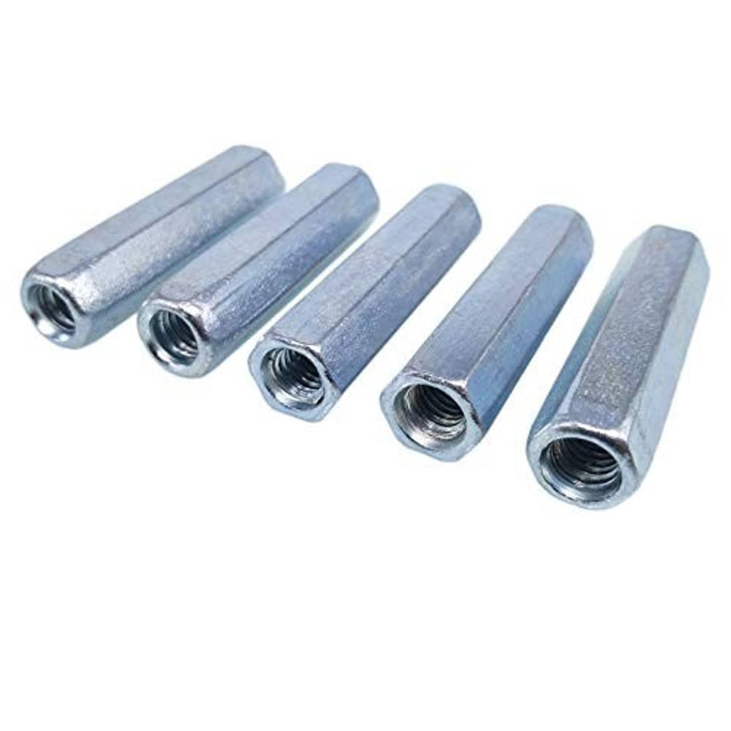 Zinc plated threaded rod coupler set, 5 long connectors with visible internal threads