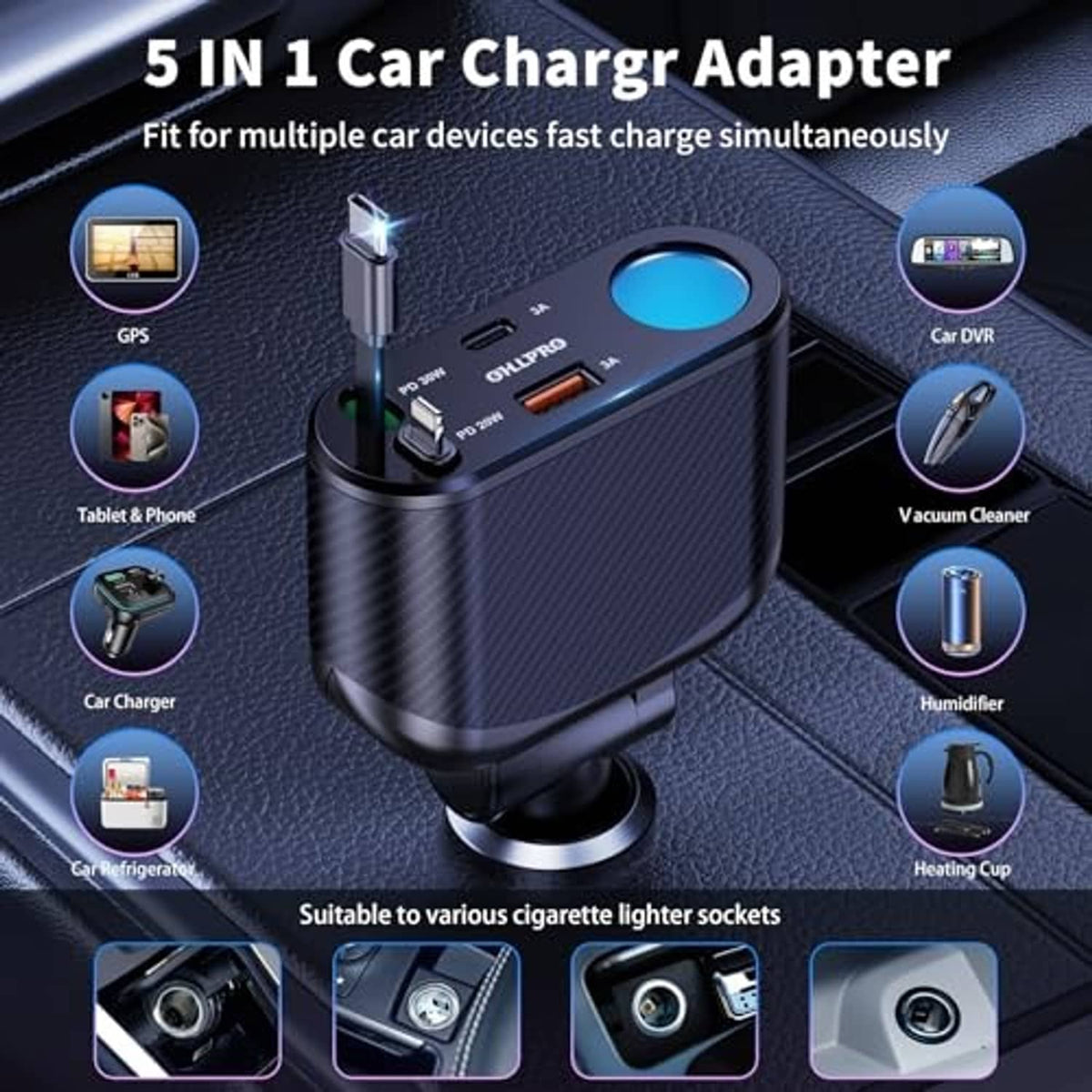 Carbon-fiber 5-in-1 car charger adapter with blue power ring and multiple USB ports