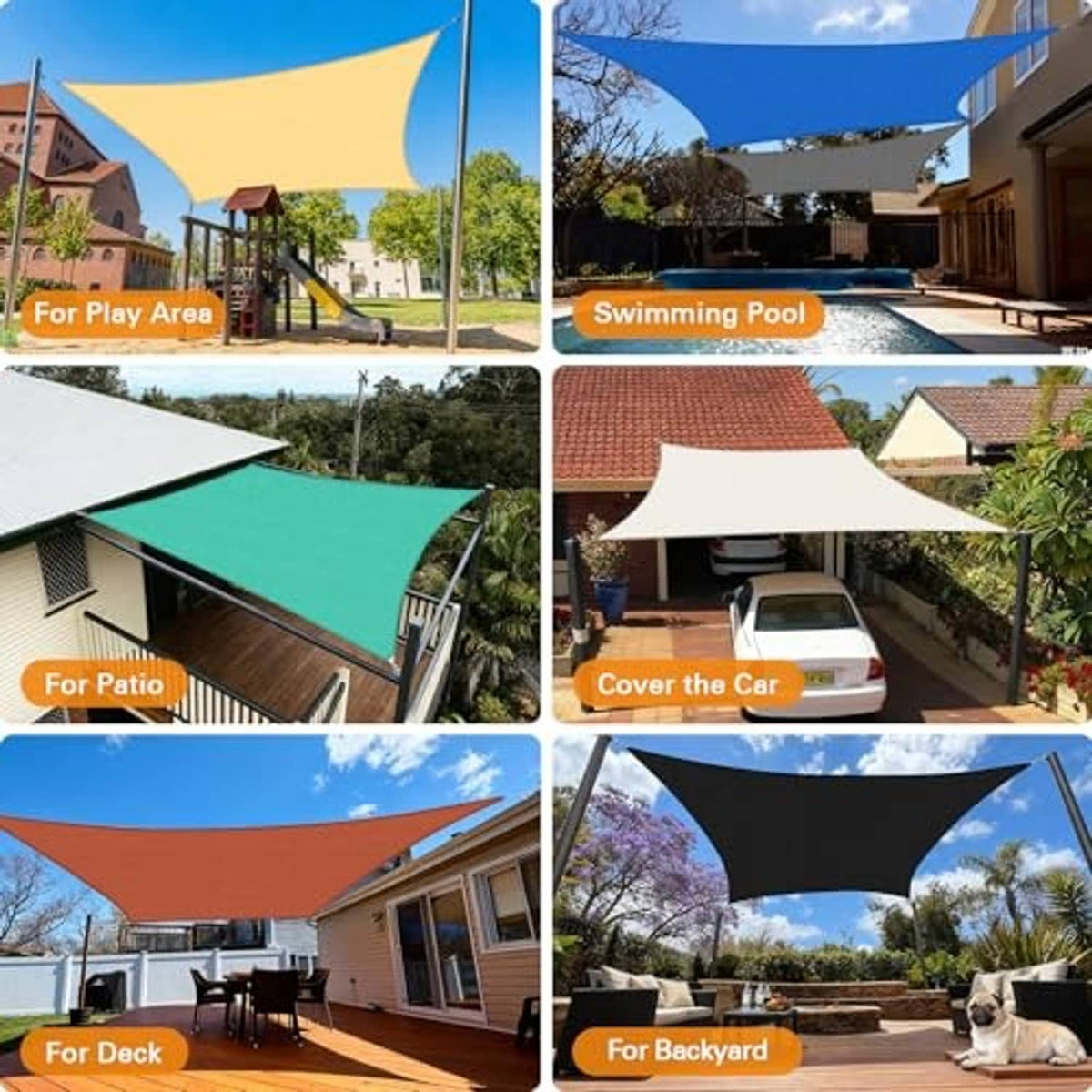 Sun shade sail display with several rectangular sails across outdoor areas