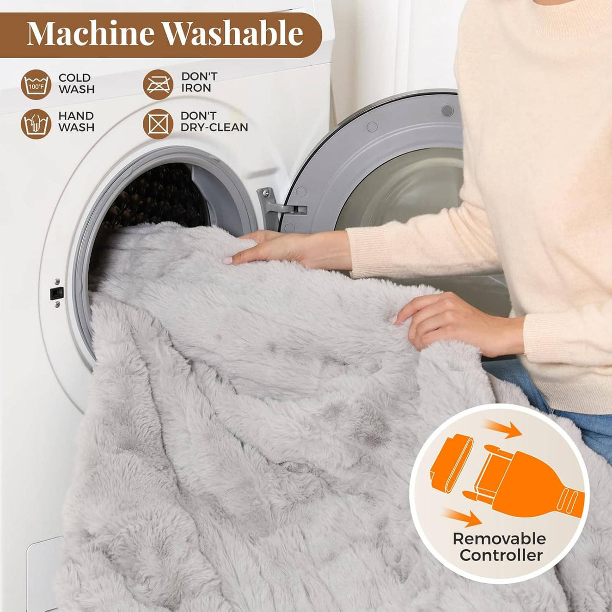 Light gray heated blanket in a washing machine with removable controller