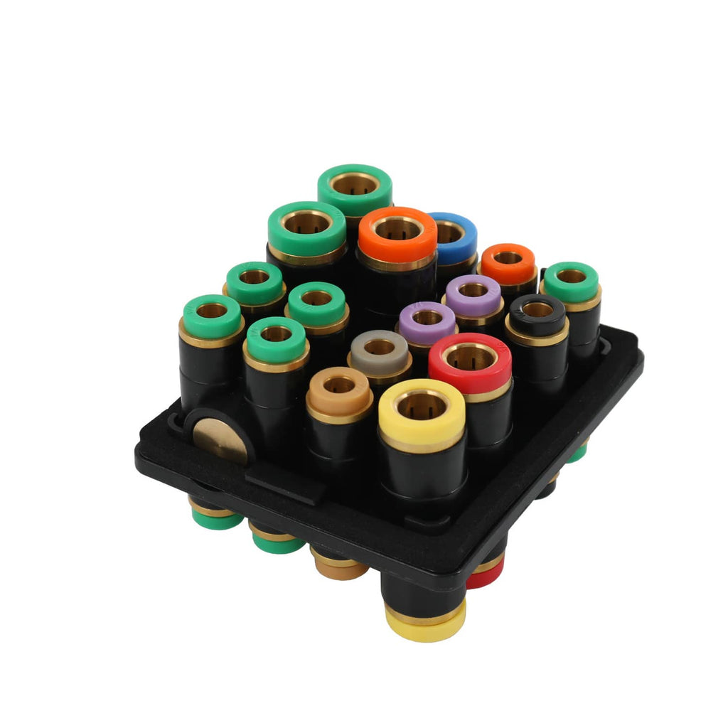Air manifold connector block 3/4 view with multicolor fittings and black base
