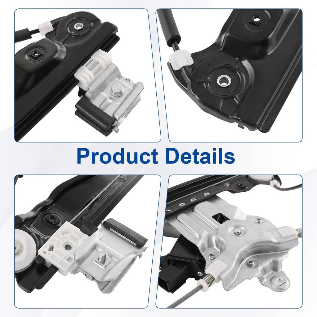Window regulator motor and bracket details, black housing and silver metal parts