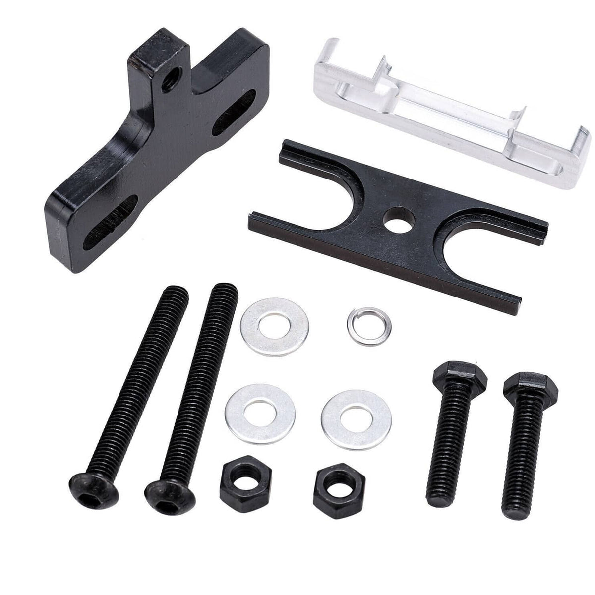 Valve spring compressor tool kit parts: black bracket, bolts, washers, nuts, and pin