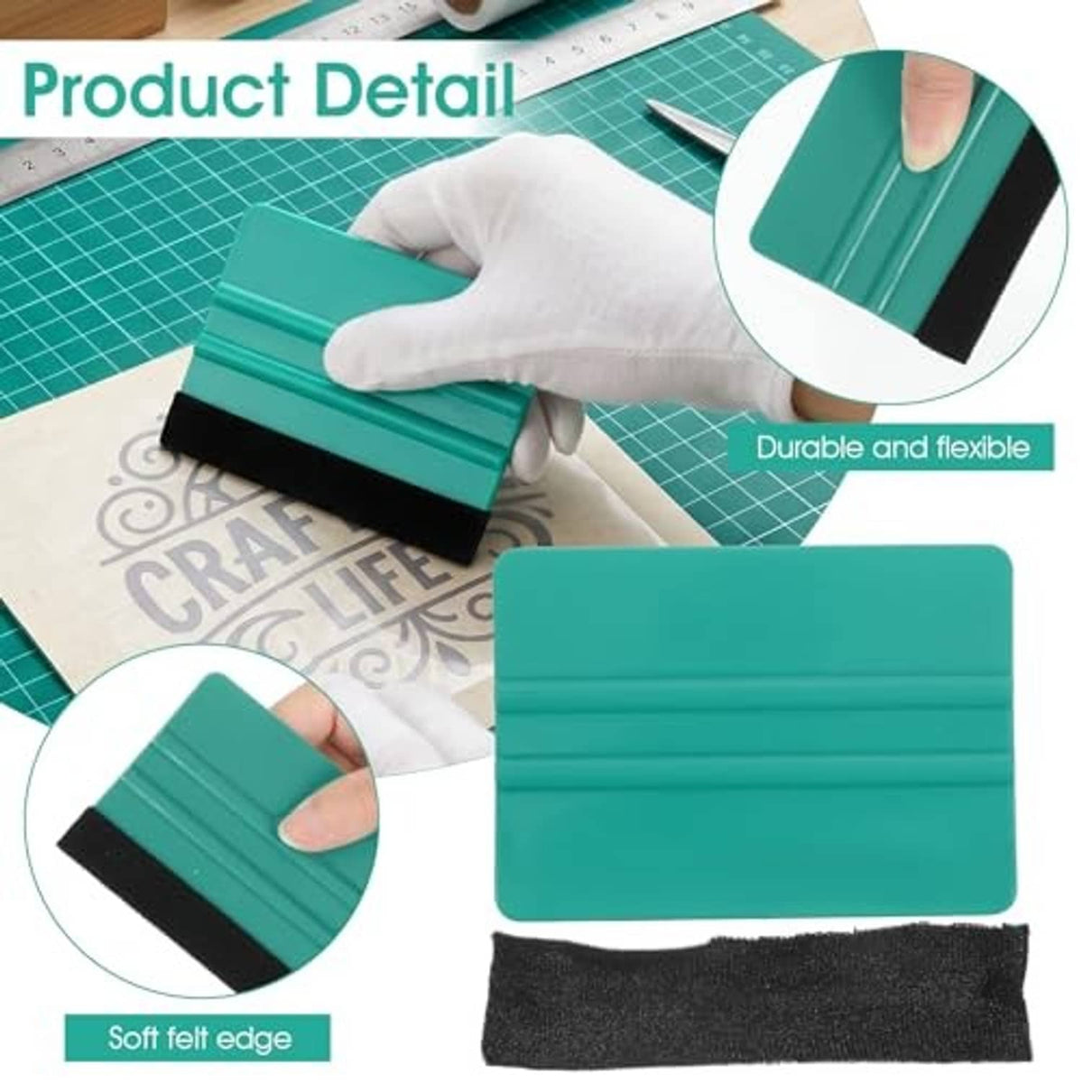 Teal felt squeegee tool with black felt edge, held over vinyl on a cutting mat