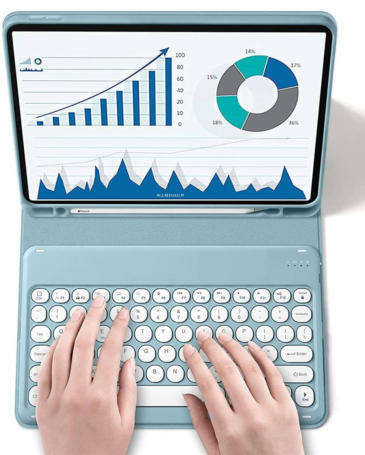 Light blue tablet keyboard case with white keys and hands typing