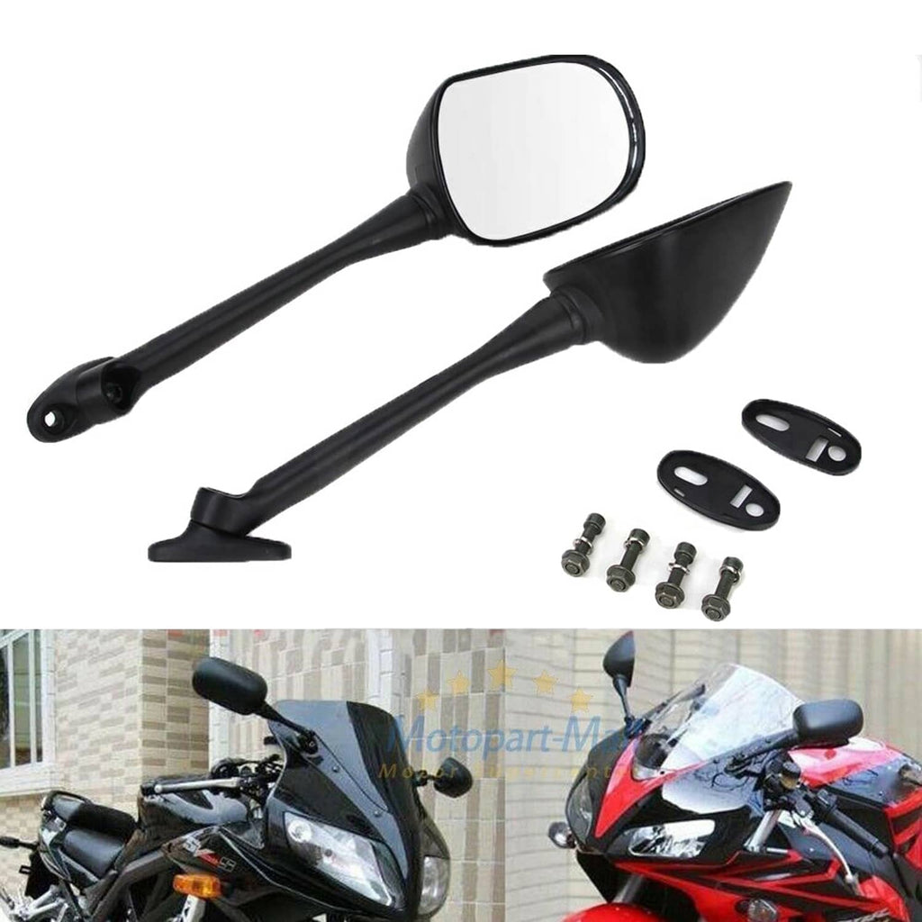 Motorcycle mirror pair with black arms and clear glass, plus mounting hardware