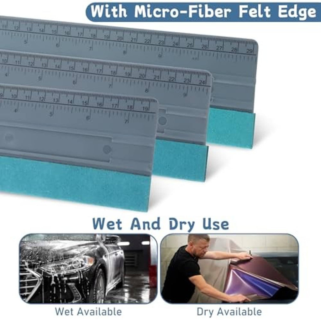 Vinyl squeegee with gray ruler scale and teal microfiber felt edge for wet or dry use