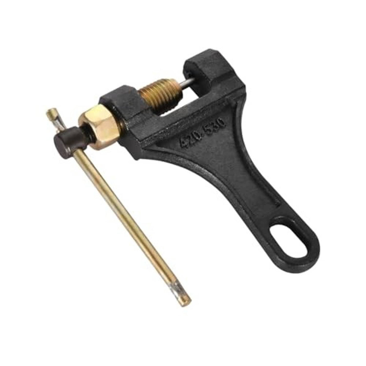 Motorcycle chain breaker tool with black handle, brass pin, and long metal guide rod