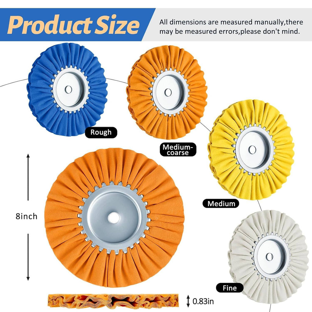 Set of five colored buffing wheels with center hub: blue, orange, yellow, and white