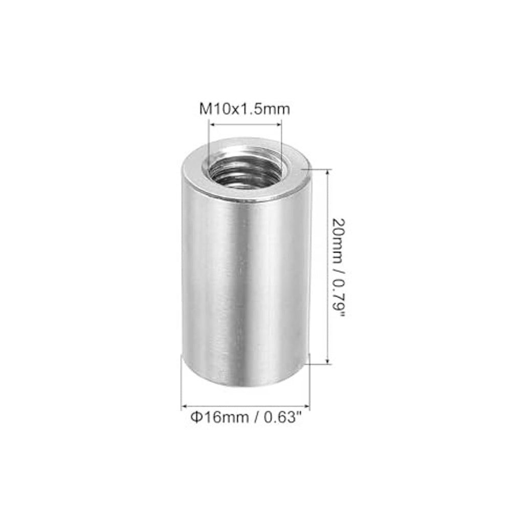 M10 stainless steel coupling nut with dimension markings; cylindrical body, internal thread