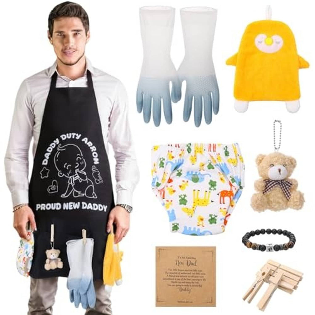 Black novelty dad apron with front pockets, worn by man with light shirt